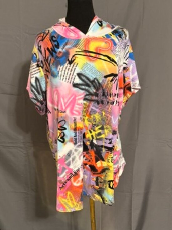 Rani Arabella Tops - ARABELLA Lightweight Newspaper Print Hoodie Size 1X
